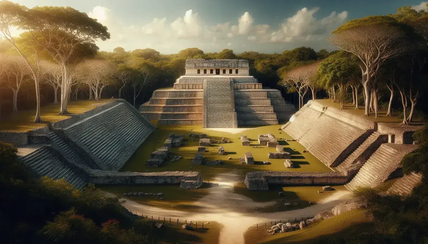 Vista panorámica de las ruinas de una ciudad maya con pirámide escalonada y cancha de juego de pelota, rodeada de vegetación y cielo azul.