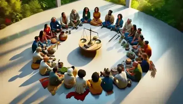 Grupo diverso de personas sentadas en círculo con una mesa redonda al centro con balanza, brújula y lámpara de aceite, en un espacio iluminado naturalmente.