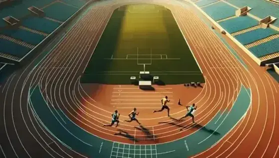 Vista aerea di una pista di atletica con tre corridori in gara, il leader in maglia gialla, su sfondo di pista marrone e campo verde.