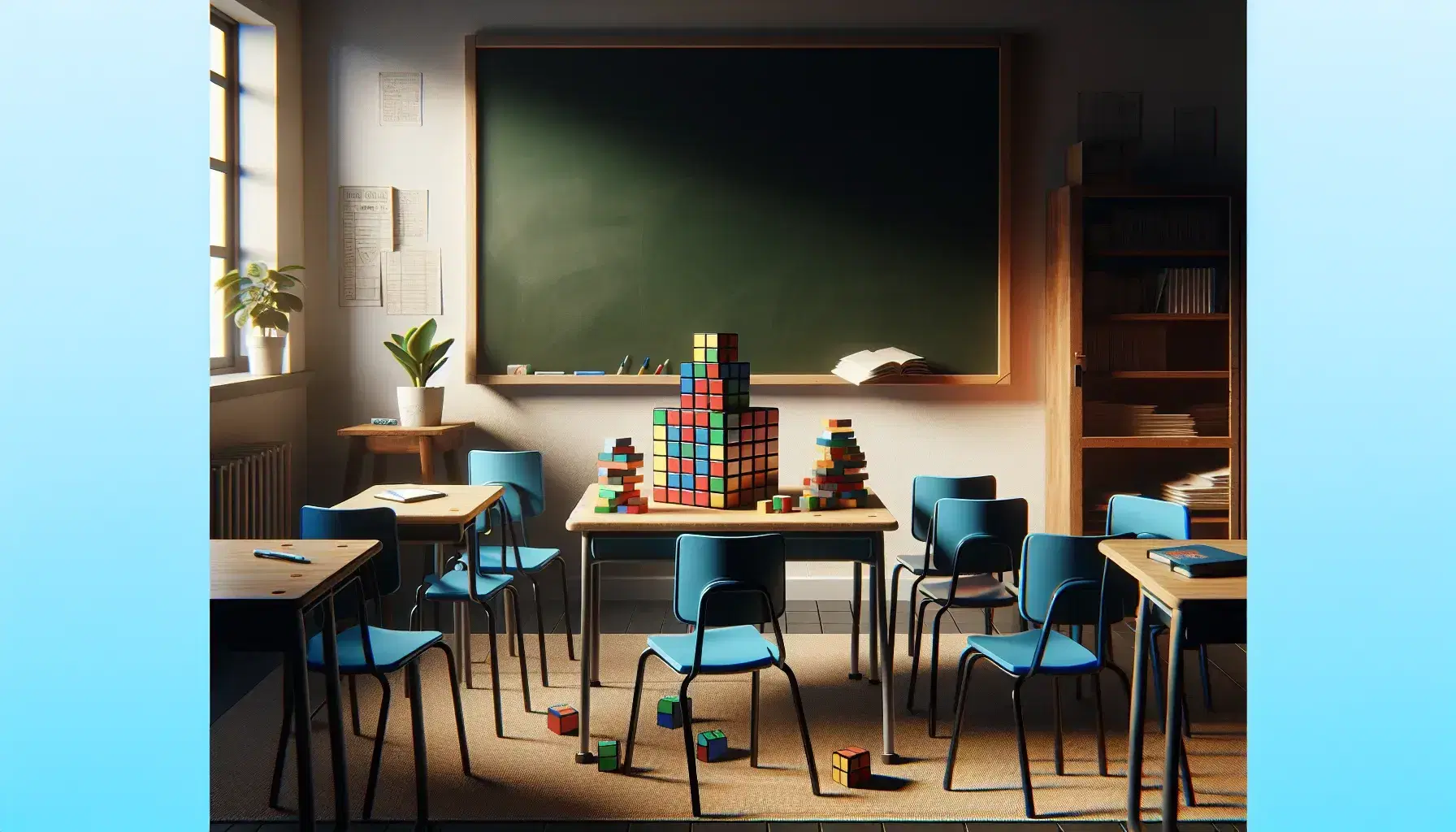 Aula scolastica con tavolo in legno chiaro, cubo di Rubik colorato, blocchi impilati e pianta verde, sedie blu impilate e lavagna vuota.