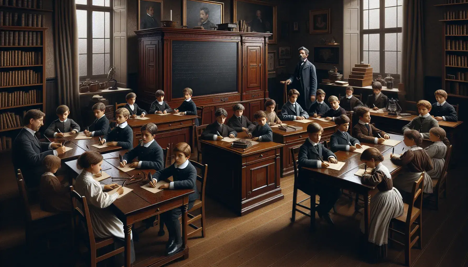 Aula scolastica ottocentesca con bambini in abiti d'epoca intenti a scrivere con penne d'oca, insegnante in piedi e lavagna vuota.