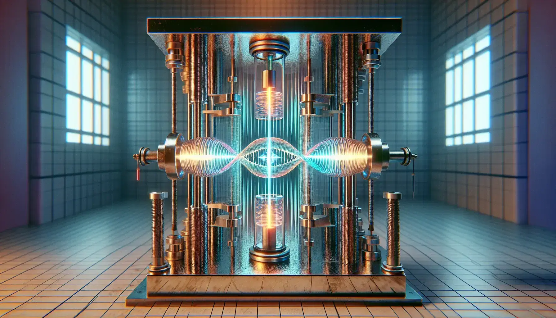 Laboratory demonstration of the Zeeman Effect with a glowing gas in a glass container between electromagnet poles and spectral lines on a screen.