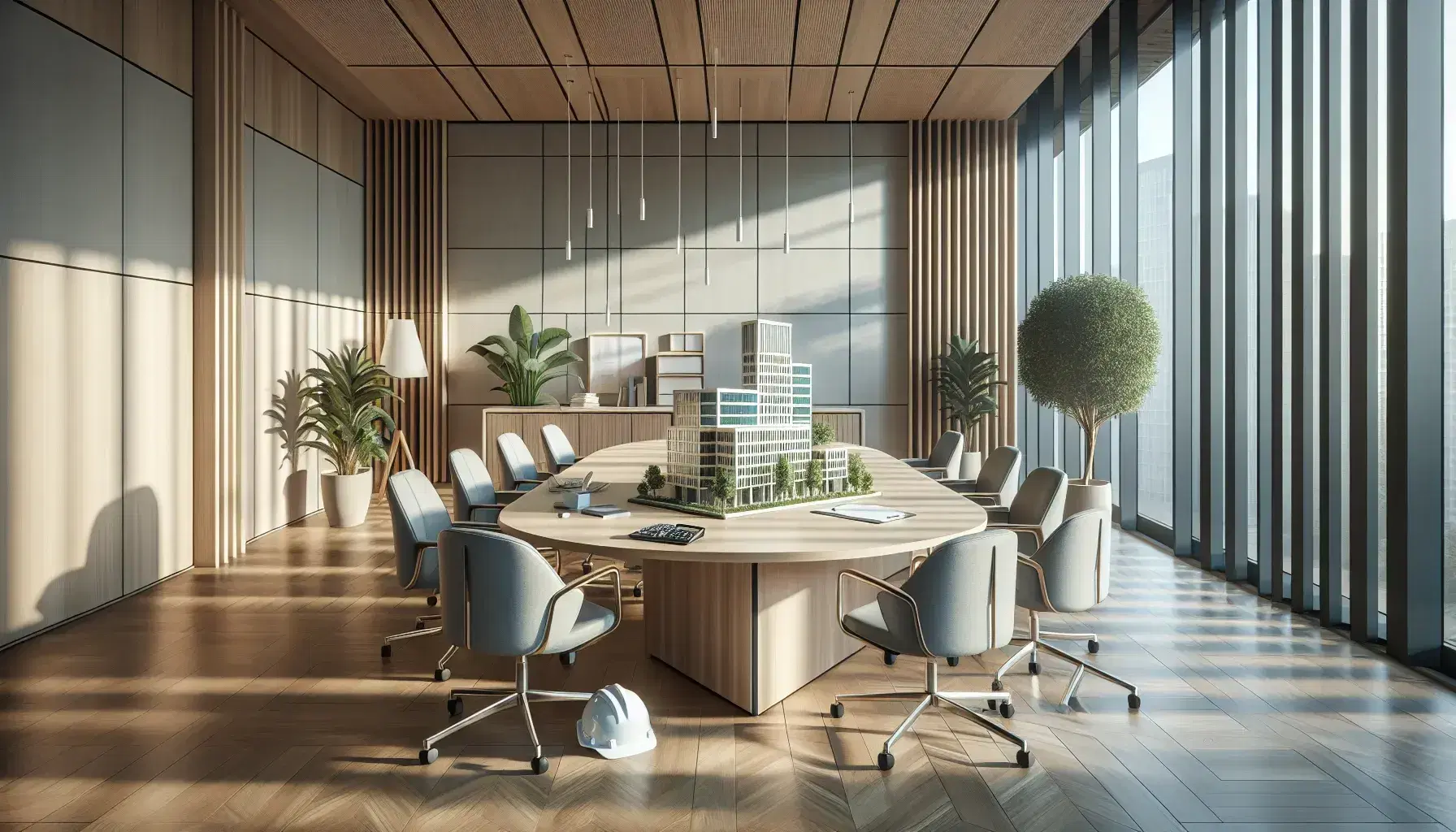 Oficina moderna y espaciosa con mesa de reuniones ovalada, sillas ergonómicas grises, maqueta arquitectónica, cascos de seguridad y planta decorativa.