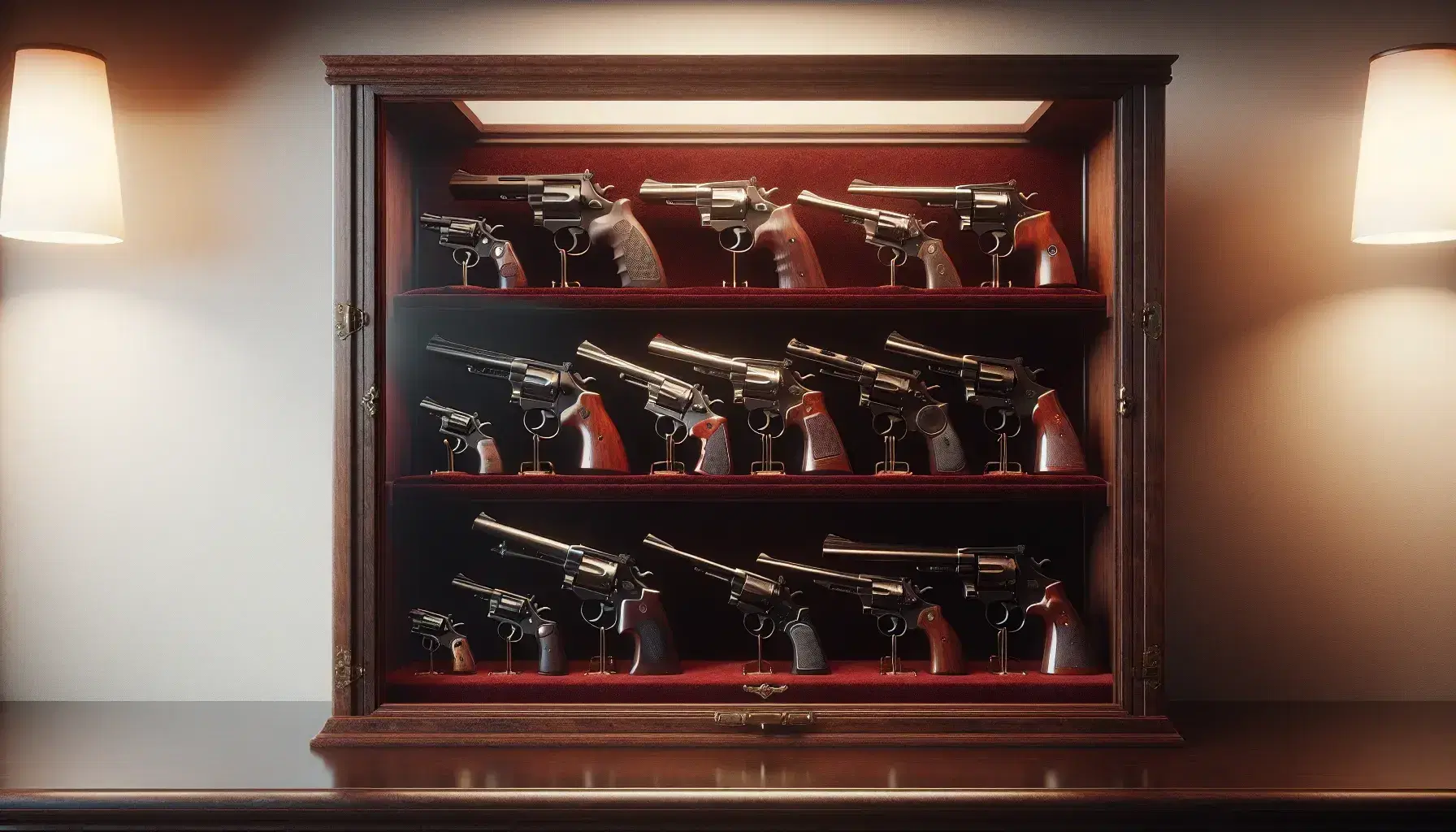 Vitrina de madera con colección de armas de fuego antiguas sobre forro de terciopelo rojo oscuro, incluyendo pistolas y revólveres con empuñaduras de madera y material negro.