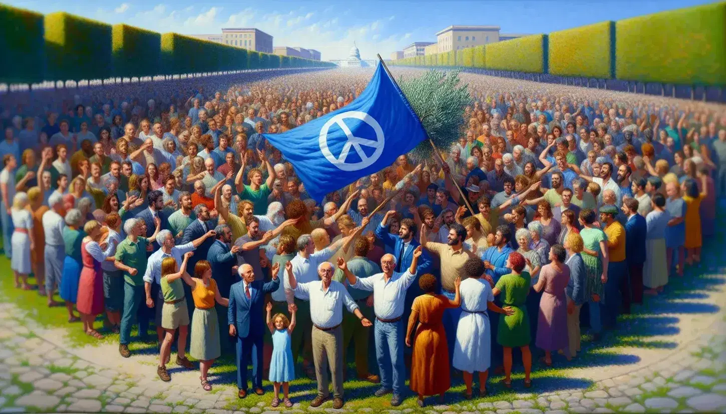 Gruppo multietnico festeggia all'aperto con bandiera blu e ramoscelli d'olivo, simboli di pace, in un parco cittadino sotto il sole.