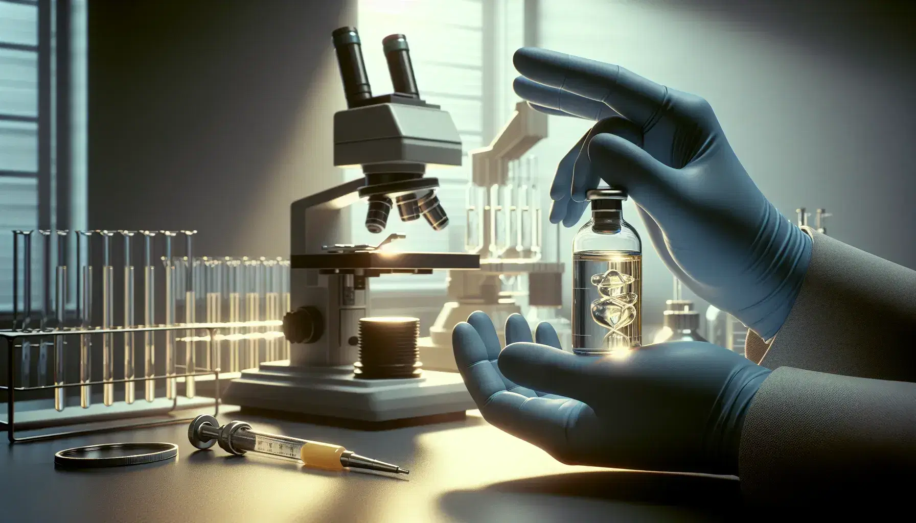 Hands of researcher in blue gloves examine test tube with yellowish liquid in scientific laboratory with microscope, pipette and centrifuge on background.