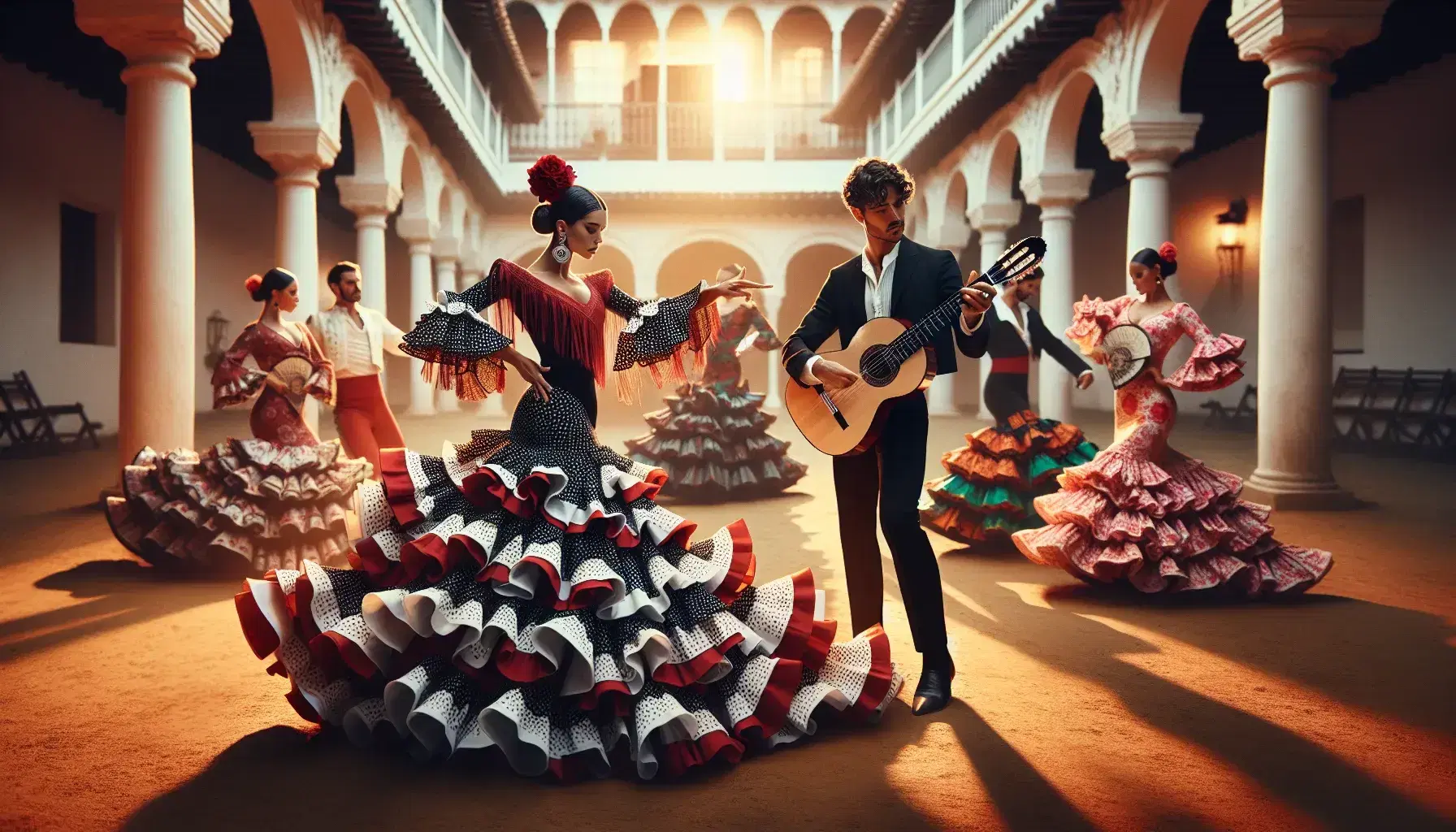 Grupo de bailarines de flamenco en trajes tradicionales, con una mujer en primer plano con vestido rojo y blanco de lunares y flor en el pelo, y un hombre tocando la guitarra española.