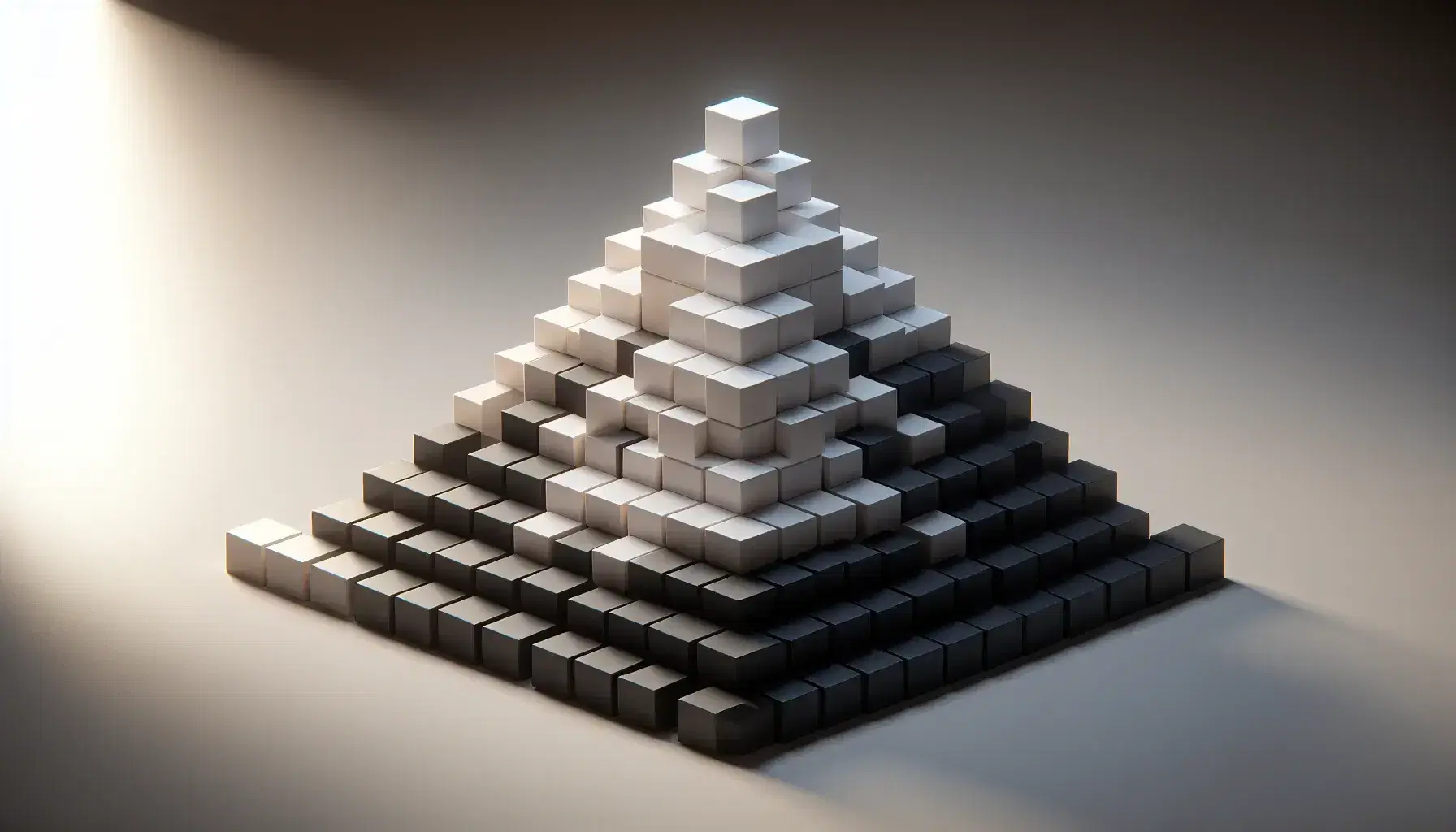 Piramide tridimensionale composta da cubi colorati in bianco, nero e grigio, con ombre morbide su sfondo neutro.