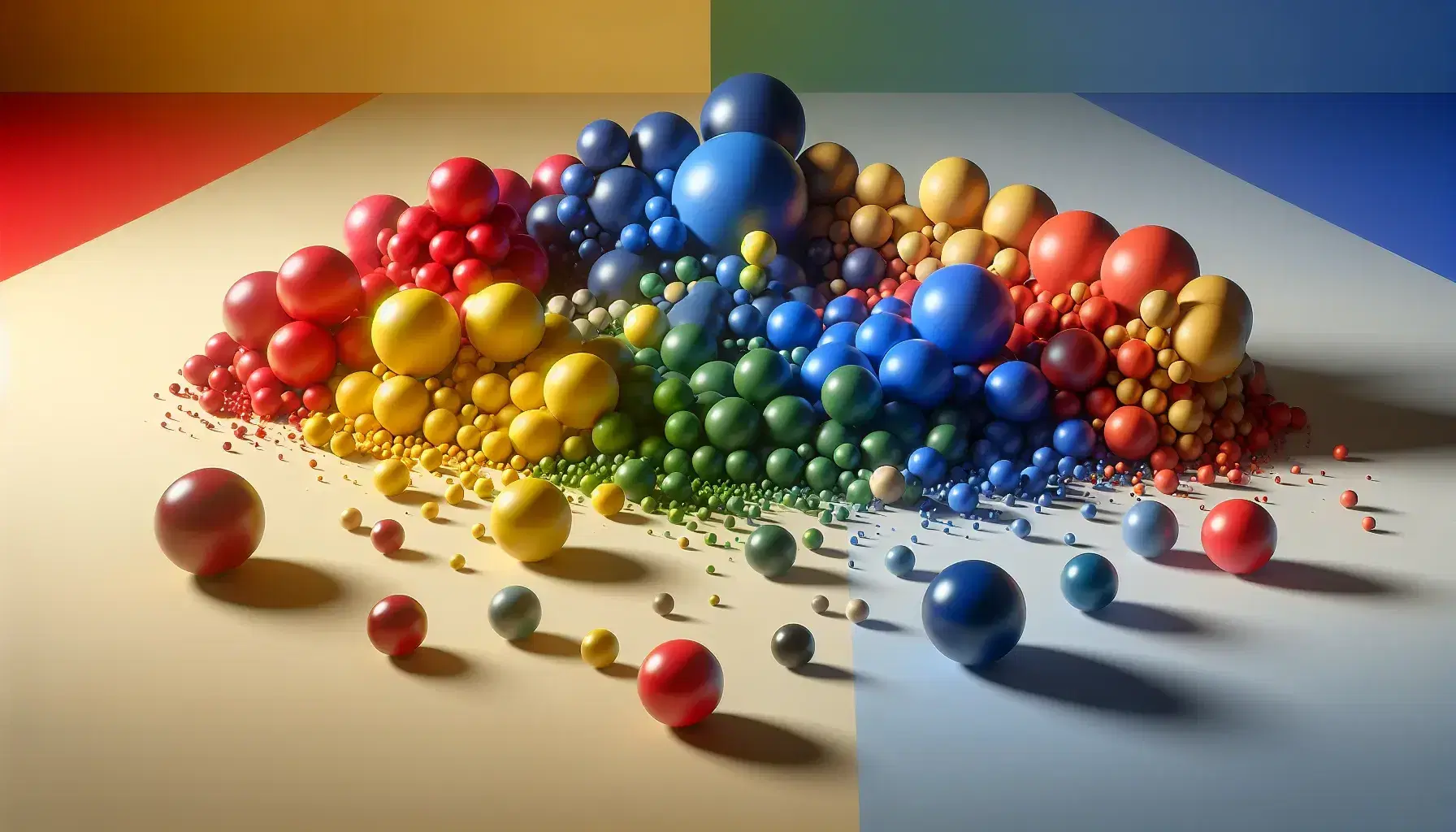 Sfere colorate di varie dimensioni su piano neutro, alcune raggruppate per colore indicano classificazione o interazione.