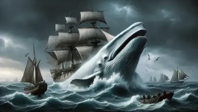 Balena bianca Moby Dick emerge tra onde tumultuose, nave baleniera inclinata e capitano Ahab punta arpone, cielo tempestoso.