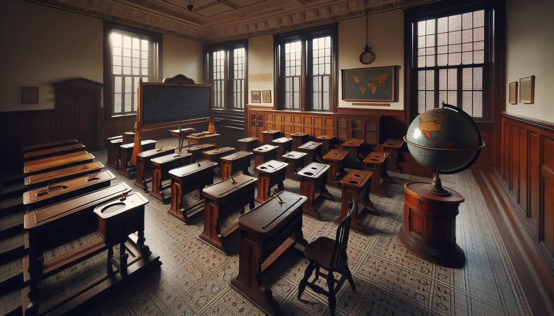 Aula antigua con pupitres de madera, pizarra negra, globo terráqueo y figura de profesor al frente, evocando la educación de finales del siglo XIX.