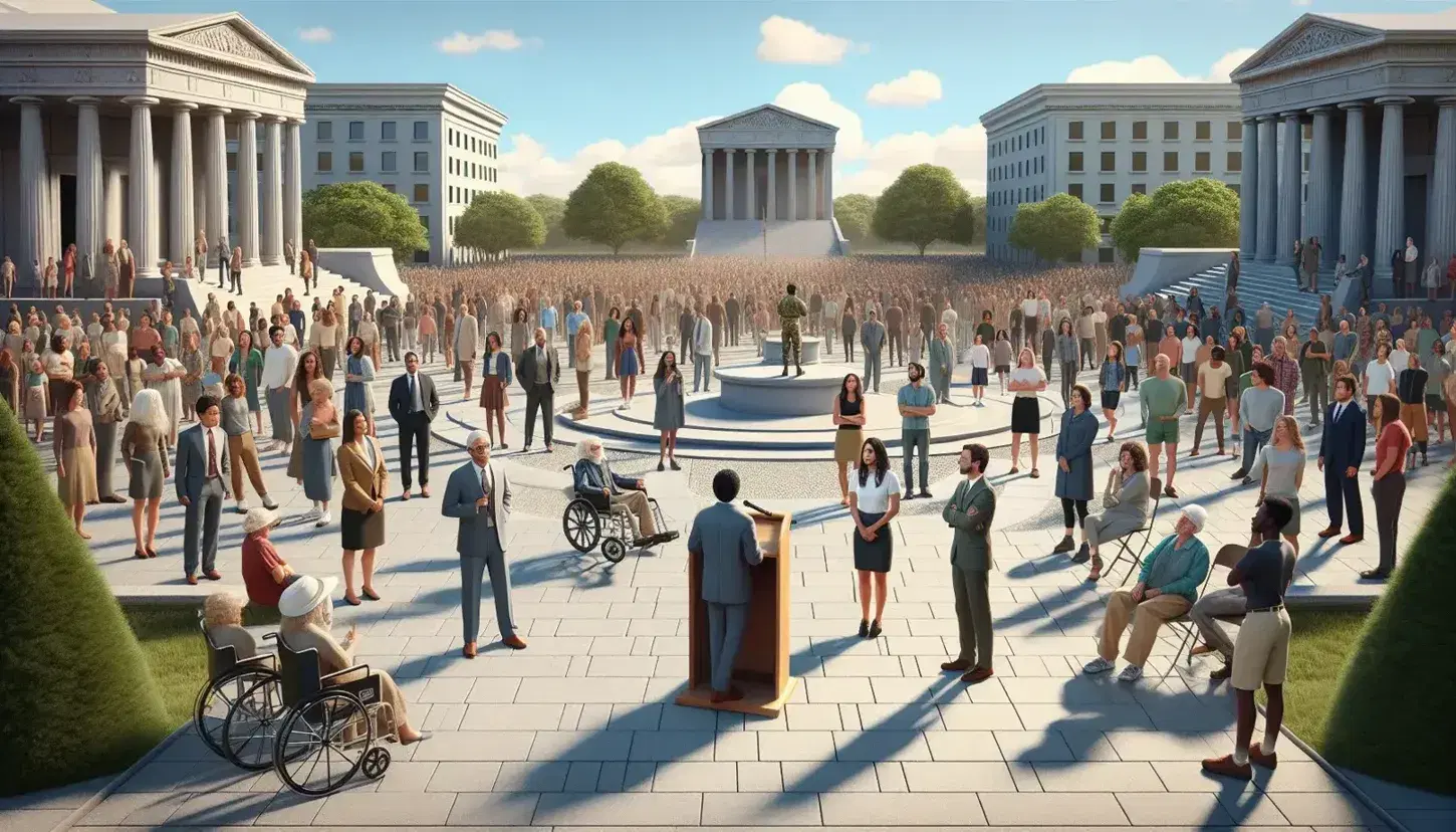 Diverse group of people in a sunny neoclassical square with an empty podium, highlighting inclusivity with a wheelchair user present.
