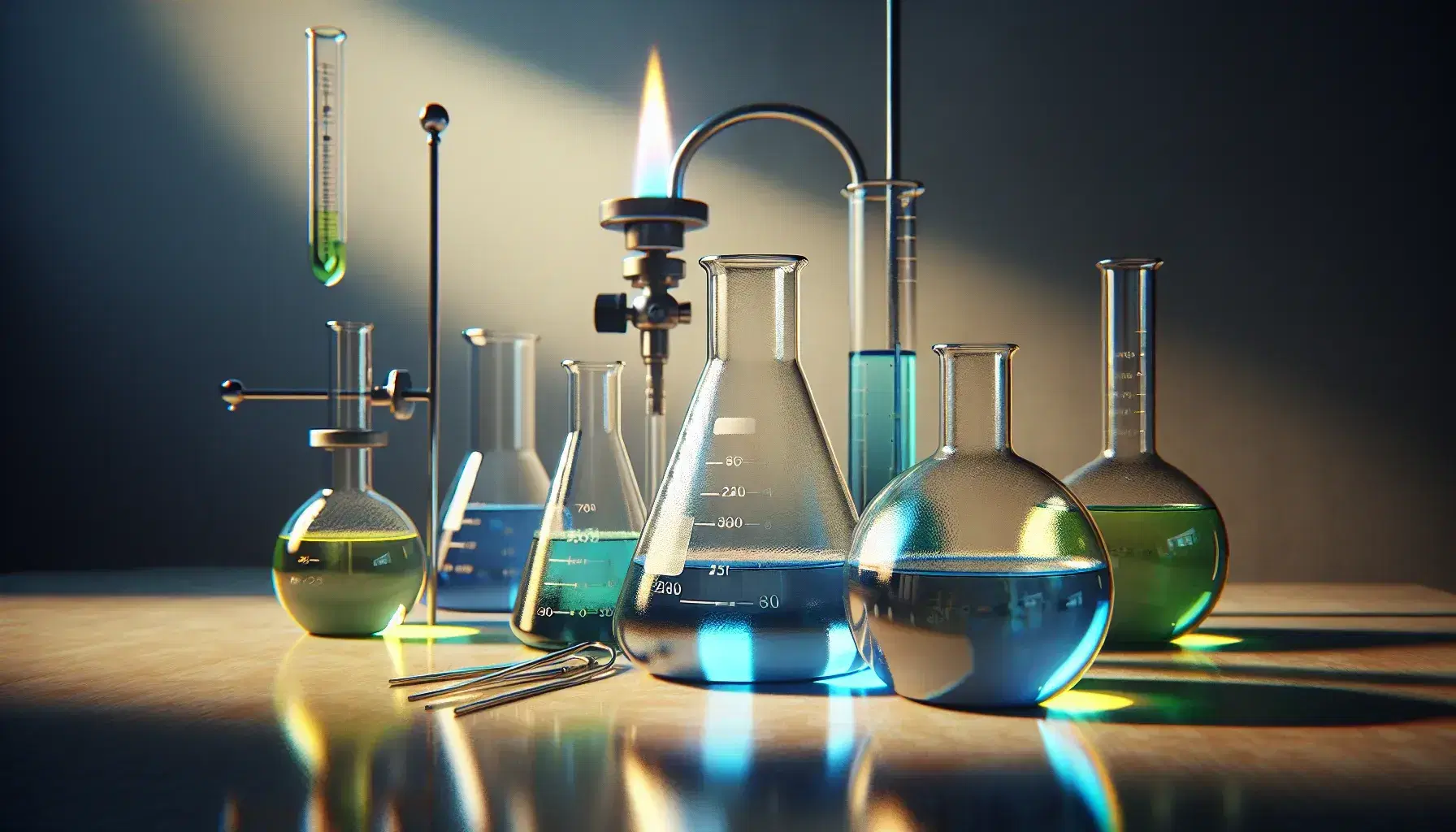 Frascos de Erlenmeyer con líquidos de colores azul, verde y amarillo sobre superficie de madera y quemador Bunsen encendido al fondo.