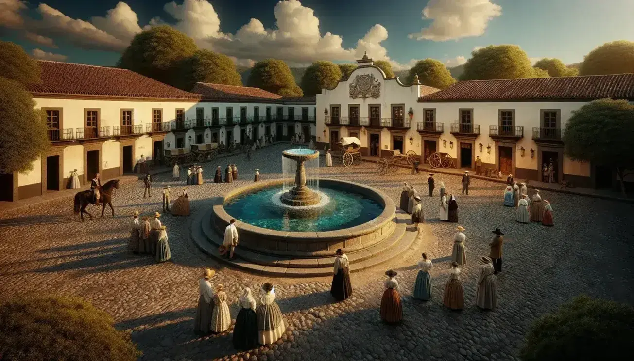 Recreación de plaza colonial en México con fuente de piedra, edificio de estuco crema y tejas rojas, y personas en atuendos de época bajo cielo azul.