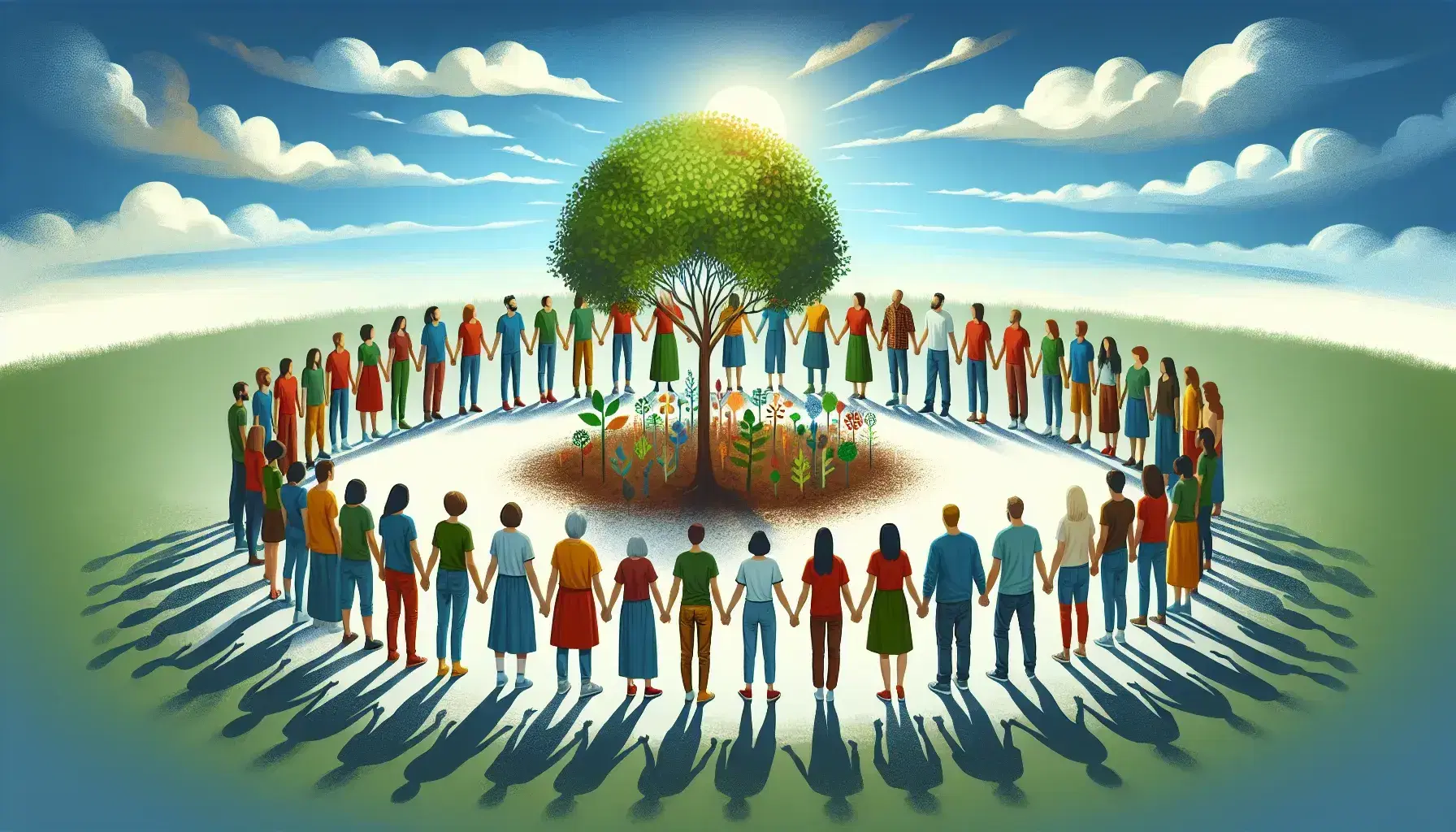 Grupo diverso de personas unidas de la mano alrededor de un árbol joven en un día soleado, simbolizando unidad y crecimiento.