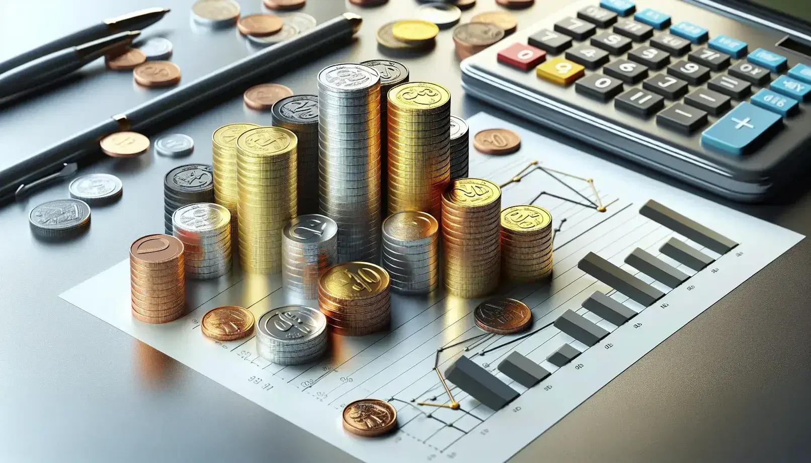 Monedas de distintos colores apiladas en torres sobre un escritorio con calculadora y gráfico de barras 3D al fondo, simbolizando finanzas y cálculos.