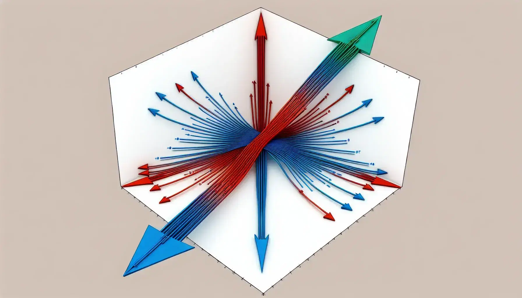 Three-dimensional vector diagram with red, blue, and green arrows originating from a common point, representing a vector operation in a white space.
