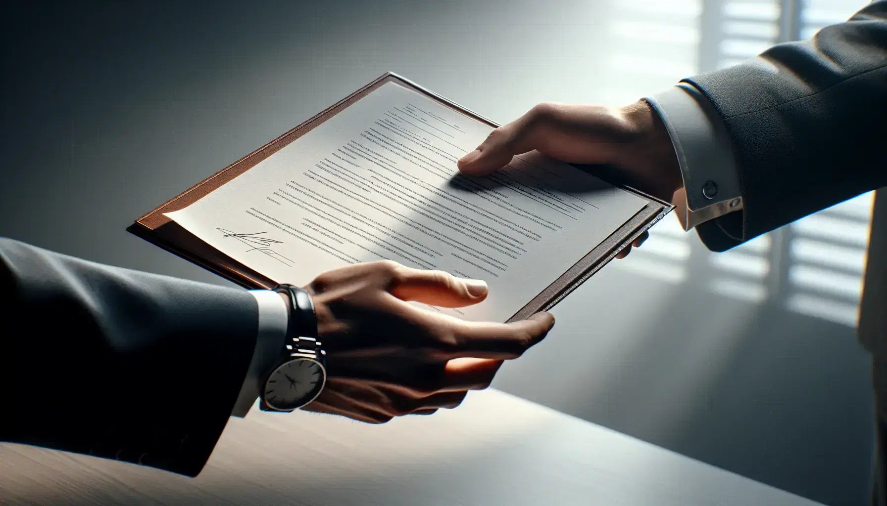 Close-up view of two hands exchanging an unmarked formal document, one with a business suit sleeve and the other wearing a wristwatch, in a blurred office setting.