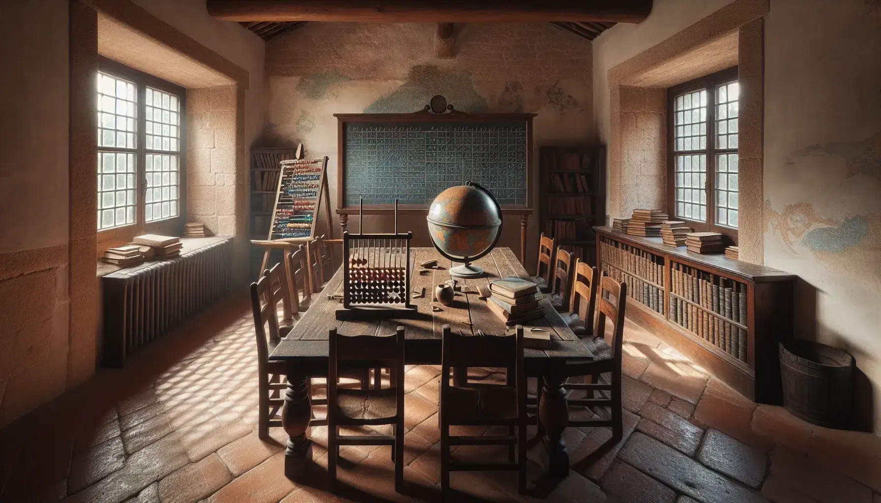 Aula antigua con mesa de madera, sillas altas, globo terráqueo desgastado, libros sin título, ábaco y pizarra vacía bajo luz natural.