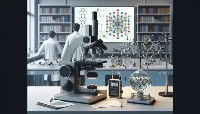Laboratorio de física con mesa de trabajo, microscopio metálico, soporte universal con frasco de vidrio y cronómetro digital, persona analizando gráficos en computadora y estante con libros y modelo molecular.