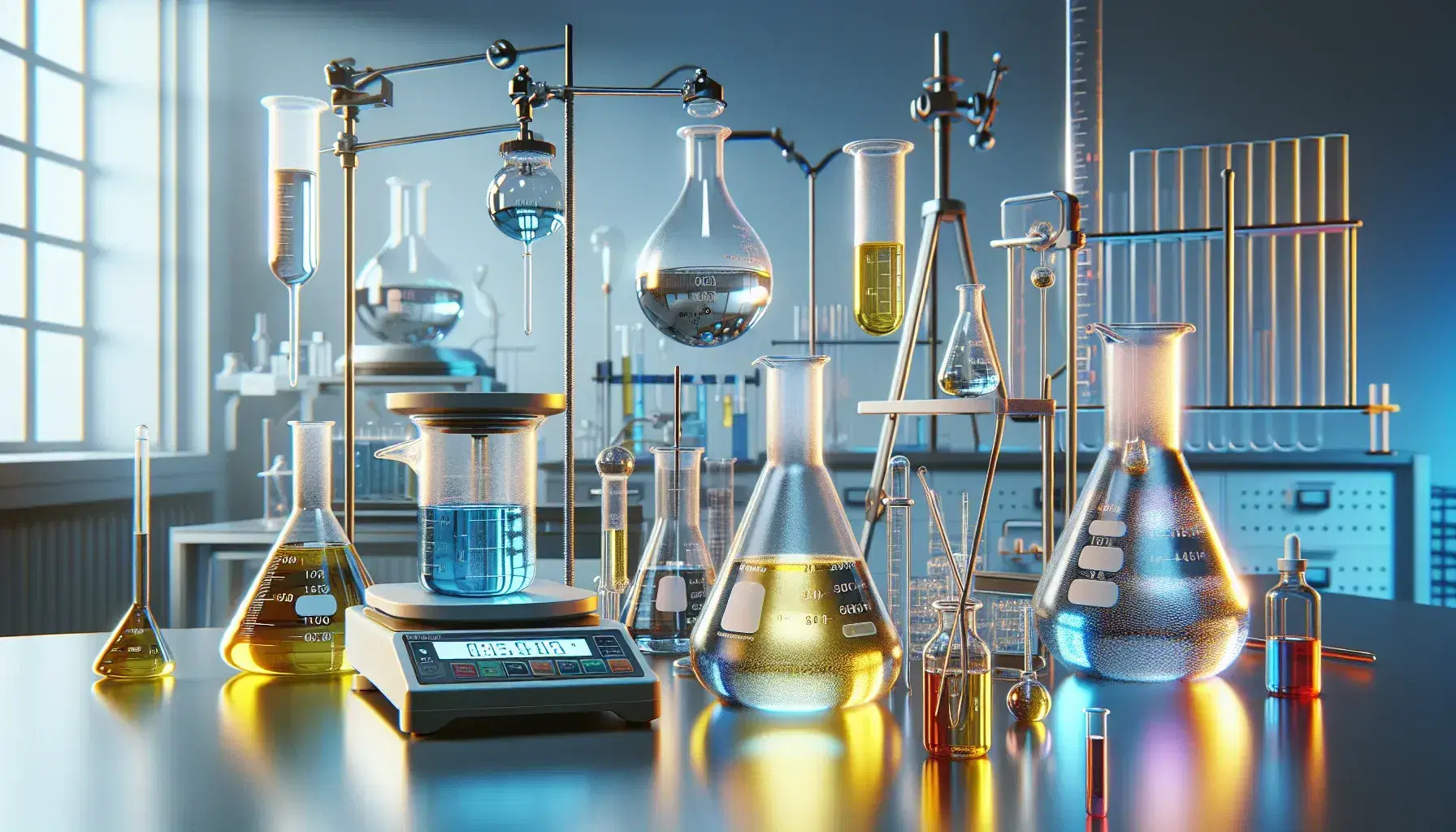 Laboratorio científico con matraces Erlenmeyer de líquidos coloridos, balanza analítica, soporte universal con tubo de ensayo y mechero Bunsen.
