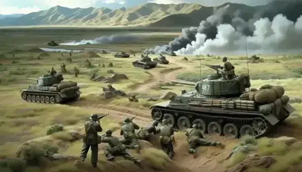 Unidentified soldiers in olive green uniforms advance cautiously across rugged terrain with camouflaged tanks and combat smoke in the background.