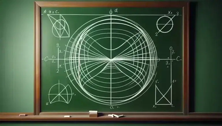 Lavagna scolastica verde con disegni di figure geometriche: paraboloide, parabole, cerchio, ellisse e iperbole con foci e assi.
