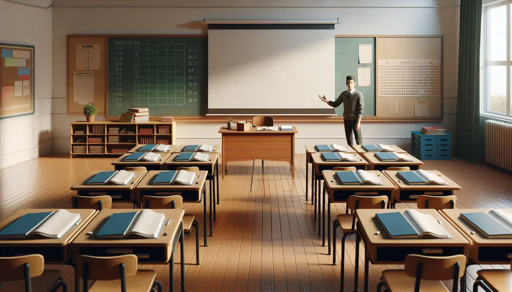 Classroom with wooden desks, a teacher gesturing to a blank chalkboard, students with open notebooks, and a view of a tree through the window.