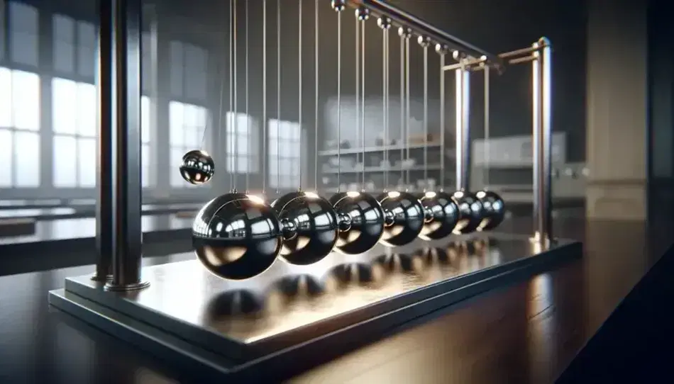 Péndulo de Newton con esferas metálicas brillantes en punto de colisión, montado sobre base de madera oscura en un laboratorio desenfocado.