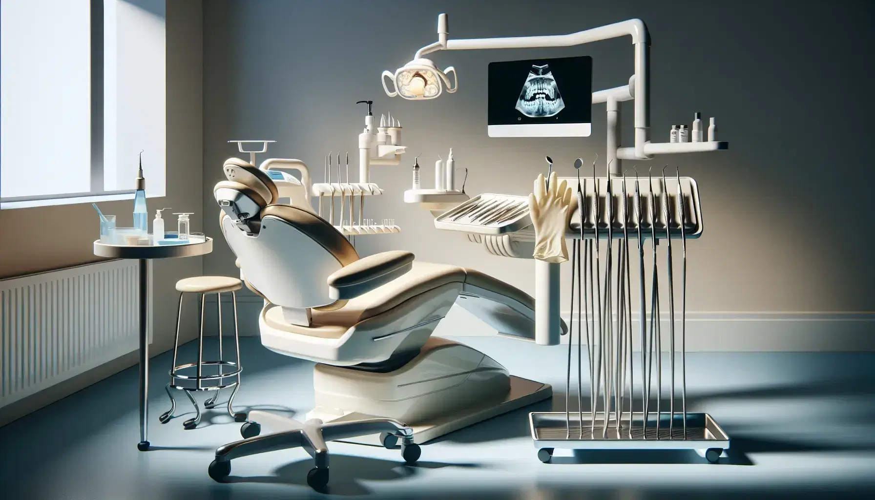 Consultorio dental equipado con silla de color crema, lámpara dental, carrito de instrumentos metálicos y unidad de entrega con herramientas.