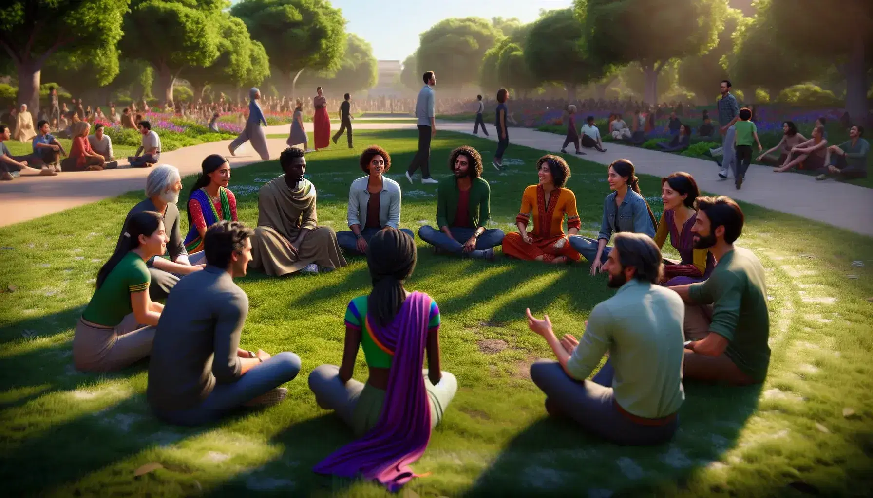 Multi-ethnic group sitting in a circle on grass in park, with women in saris, men in jeans, colorful children and adults in casual clothes, conversing under blue sky.