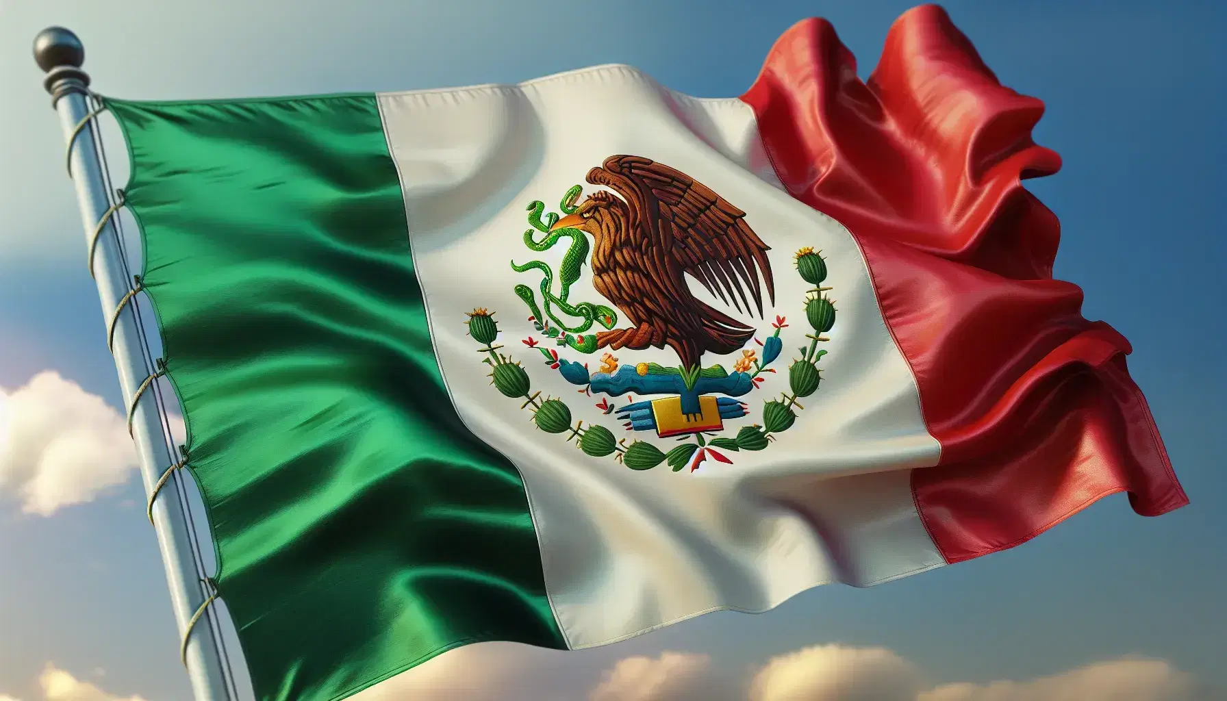 Flag of Mexico with eagle on cactus and snake in the center, green, white and red vertical stripes, blue sky with light clouds.