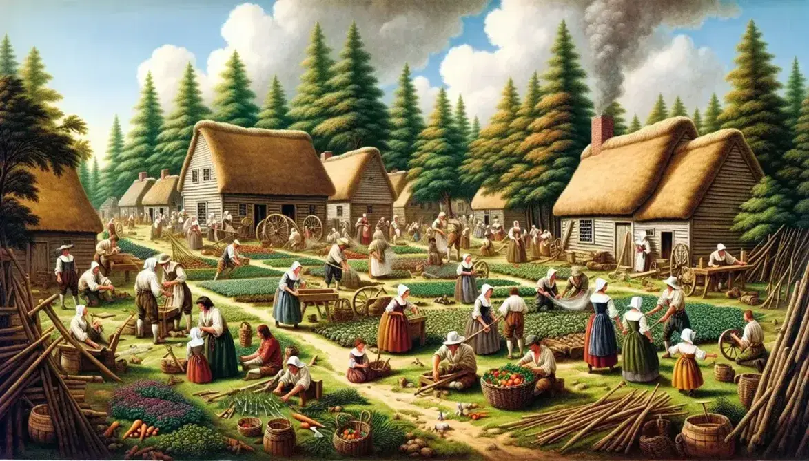Scena vivace di coloni inglesi del XVII secolo in America del Nord, con costruzione di abitazioni, giardinaggio e mercato all'aperto.