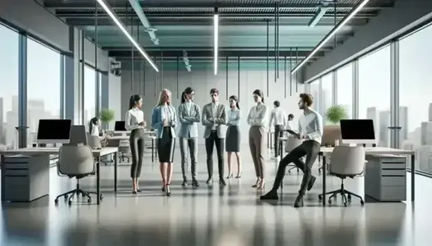 Grupo diverso de profesionales en oficina moderna con una mujer en chaqueta azul hablando, mesas de trabajo con laptops, sillas ergonómicas y plantas verdes.