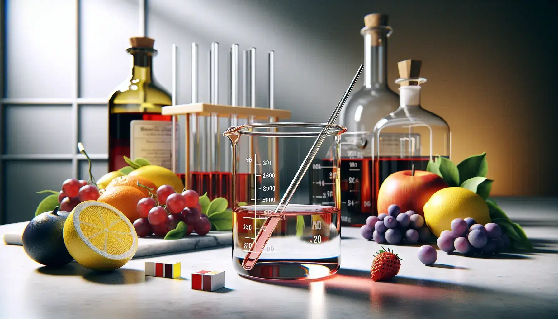 Glass beaker with clear liquid and stirring rod, red litmus paper indicates acid solution, colorful fruit in the background.
