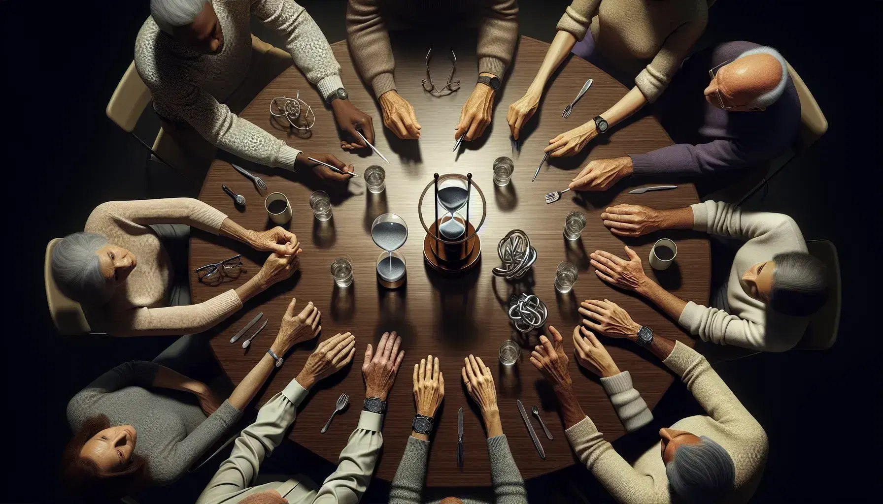 Grupo diverso de personas sentadas alrededor de una mesa redonda con un reloj de arena, gafas y escultura metálica, gestos de comunicación activa.