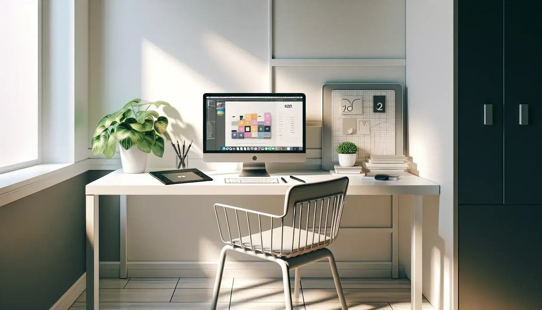 Espacio de trabajo moderno para diseño web con escritorio blanco, portátil con interfaz gráfica, tableta y planta, iluminado naturalmente.