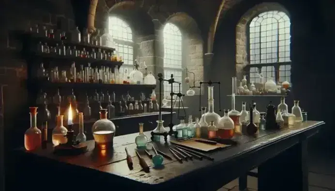 Laboratorio antiguo con mesa de madera, instrumentos de época, frascos de líquidos coloridos, quemador Bunsen y figura humana examinando un microscopio.