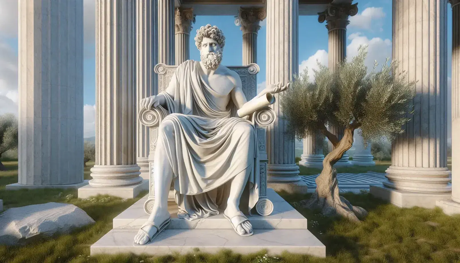 Estatua de mármol blanco de hombre barbudo sentado en silla clásica con túnica, sosteniendo papiro y gesticulando, rodeado de columnas dóricas, olivo y césped bajo cielo azul.