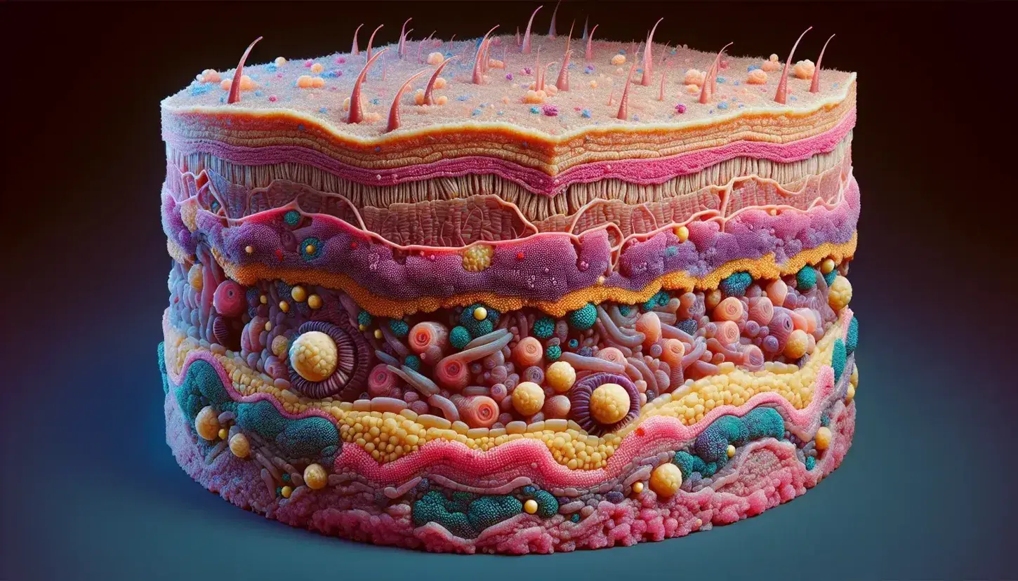 Sección transversal detallada de la piel humana mostrando epidermis, dermis con folículos pilosos y vasos sanguíneos, y tejido subcutáneo con células adiposas.