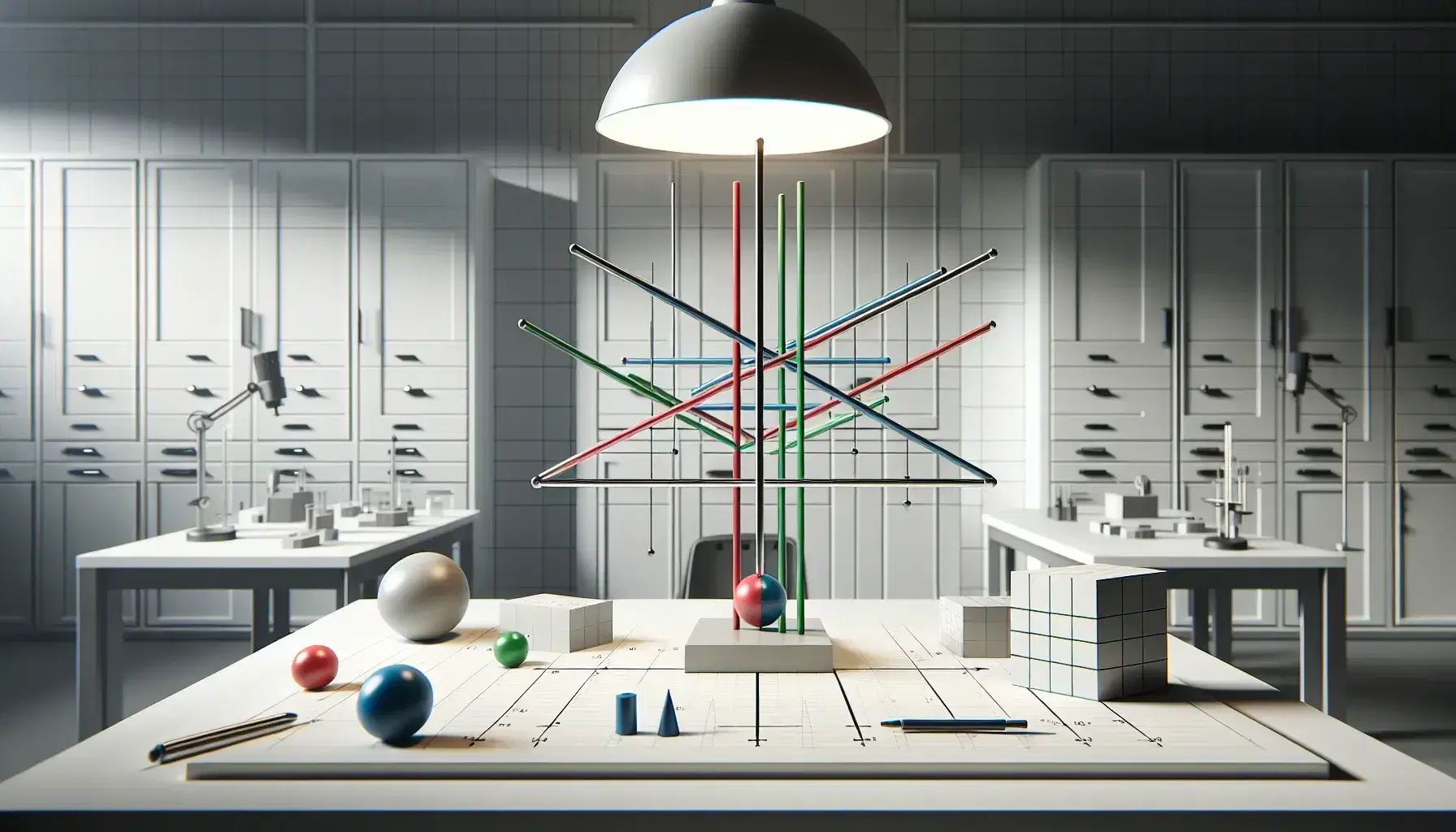 Laboratorio scientifico moderno con modello di sistema di coordinate cartesiane e oggetti geometrici su tavolo illuminato.