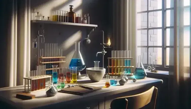 Laboratorio chimico con becher colorati, fiamma di Bunsen, provette, mortaio e pestello, bottiglie su scaffale, illuminato da luce naturale.