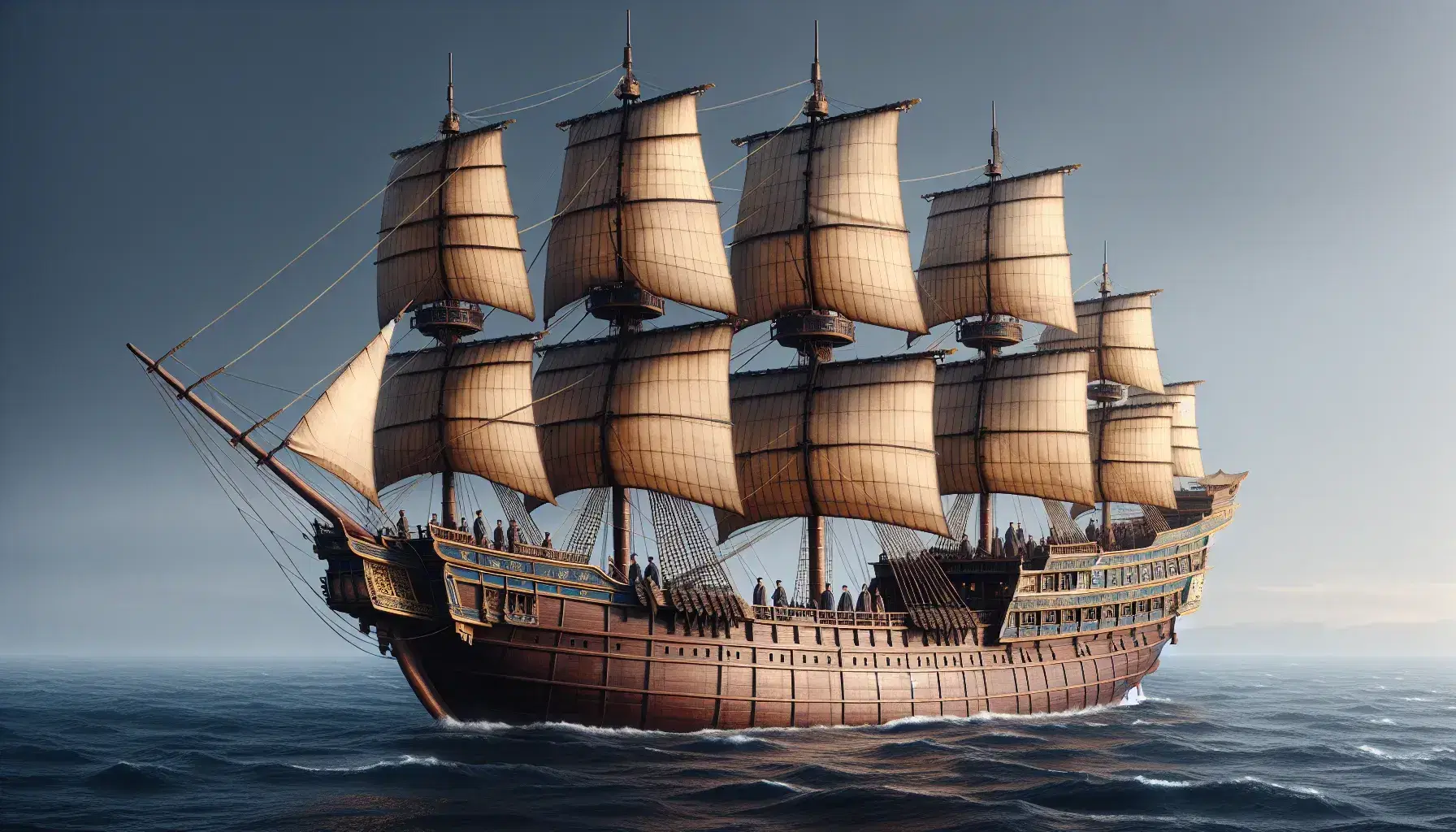 Traditional Chinese treasure ship with red-tinted wooden hull, cream sails, and Ming Dynasty-clad sailors on blue waters under a gradient sky.