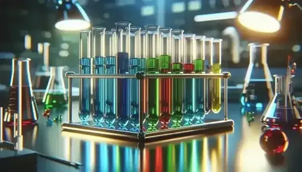 Area di lavoro di laboratorio scientifico con provette in vetro contenenti liquidi colorati in ordine ascendente su supporto metallico, sfondo sfocato.