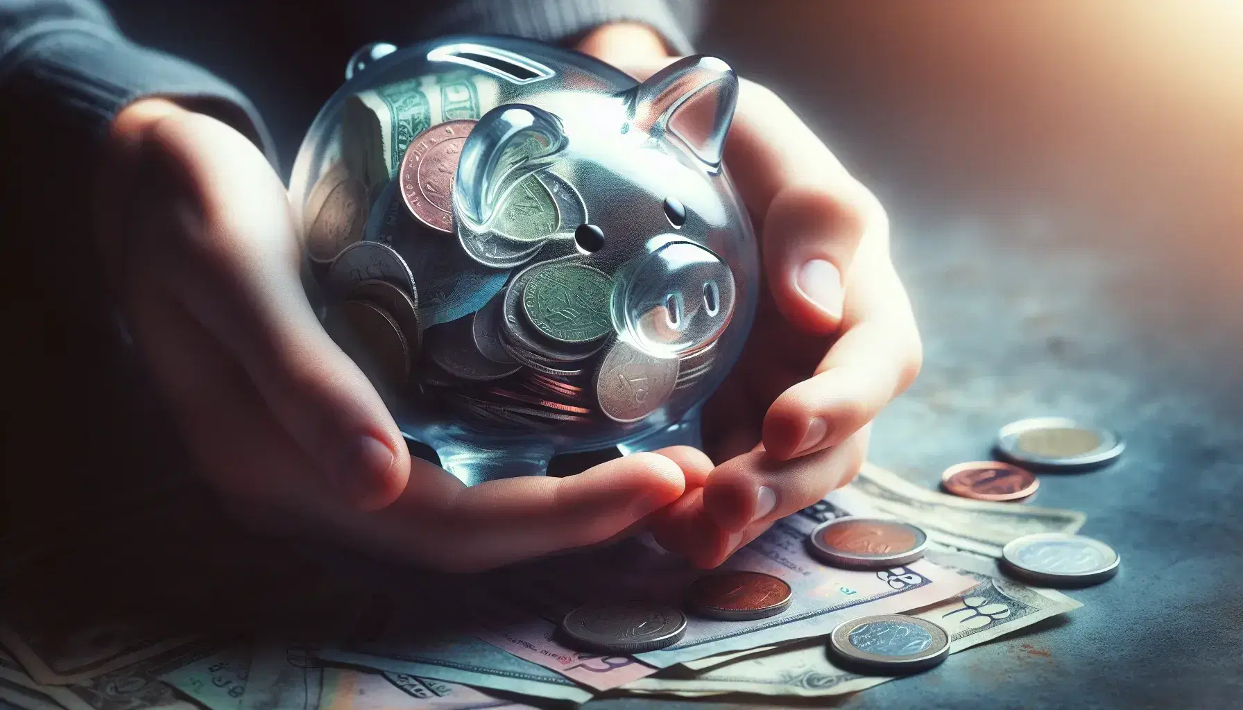 Hands cradling a transparent glass piggy bank filled with colorful currency notes and shiny coins, against a soft-focus neutral background.