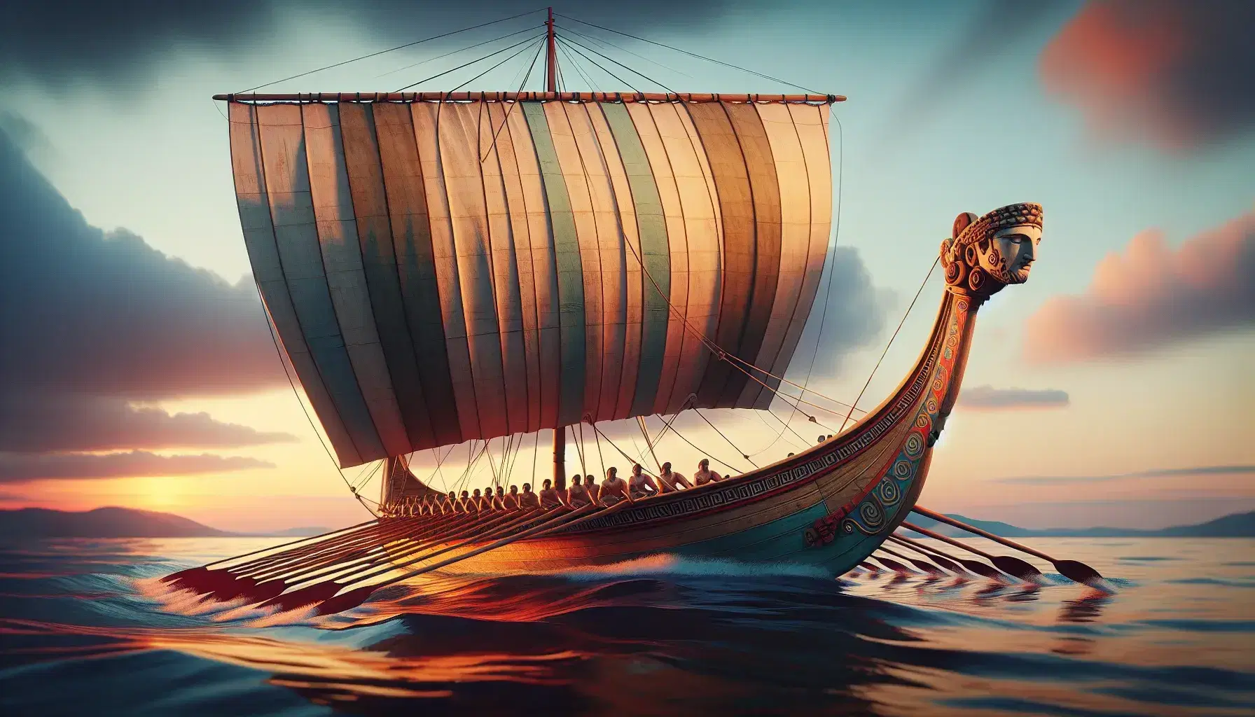 Trireme greca con tre file di remi naviga in mare calmo al tramonto, vela gonfia e cielo arancione senza nuvole.