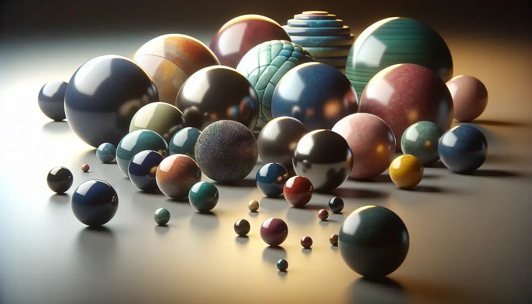 Esferas de distintos tamaños y colores con variadas texturas y brillos sobre superficie lisa, destacando una esfera azul grande y brillante.