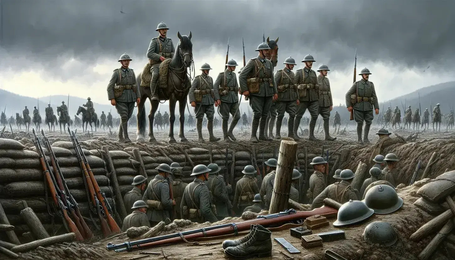 Soldati austro-ungarici in uniforme grigio-verde con fucili e baionette su campo di battaglia della Prima Guerra Mondiale, cielo nuvoloso.
