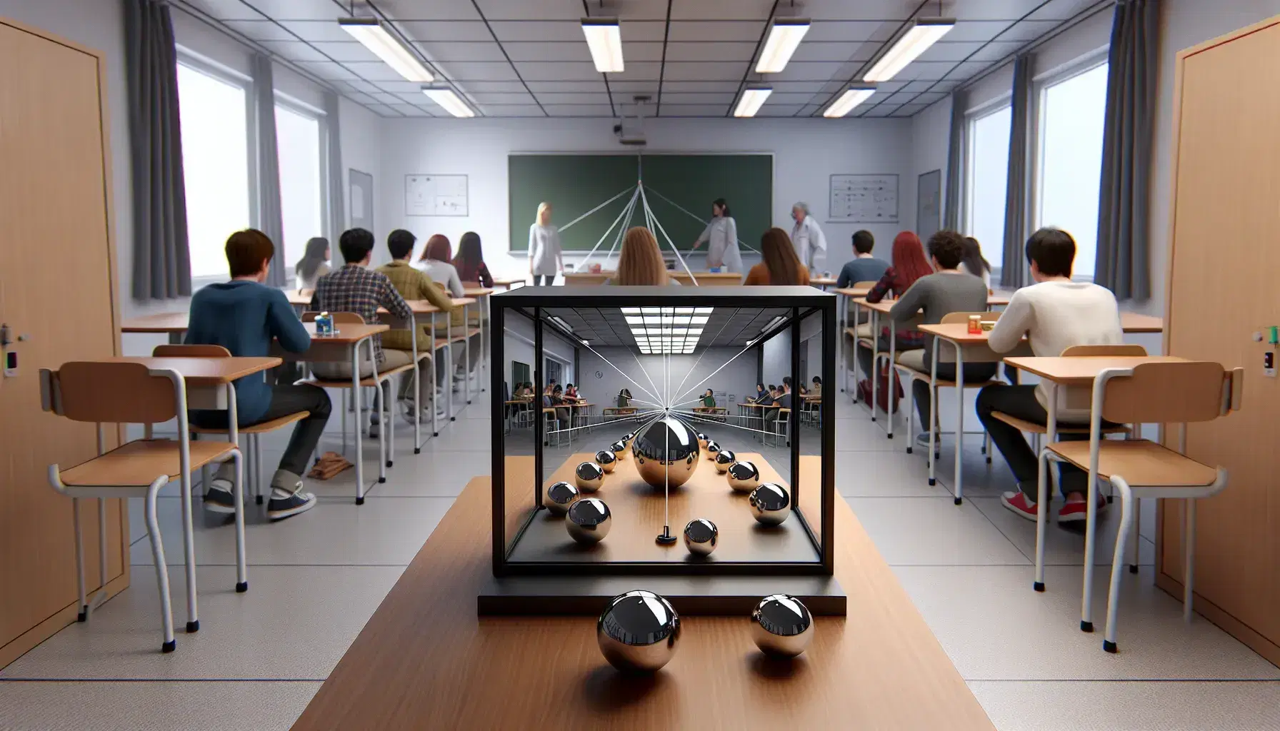 Classroom with students conducting light reflection experiment using a ray box and metallic balls, with clear reflections visible in a large wall-mounted mirror.