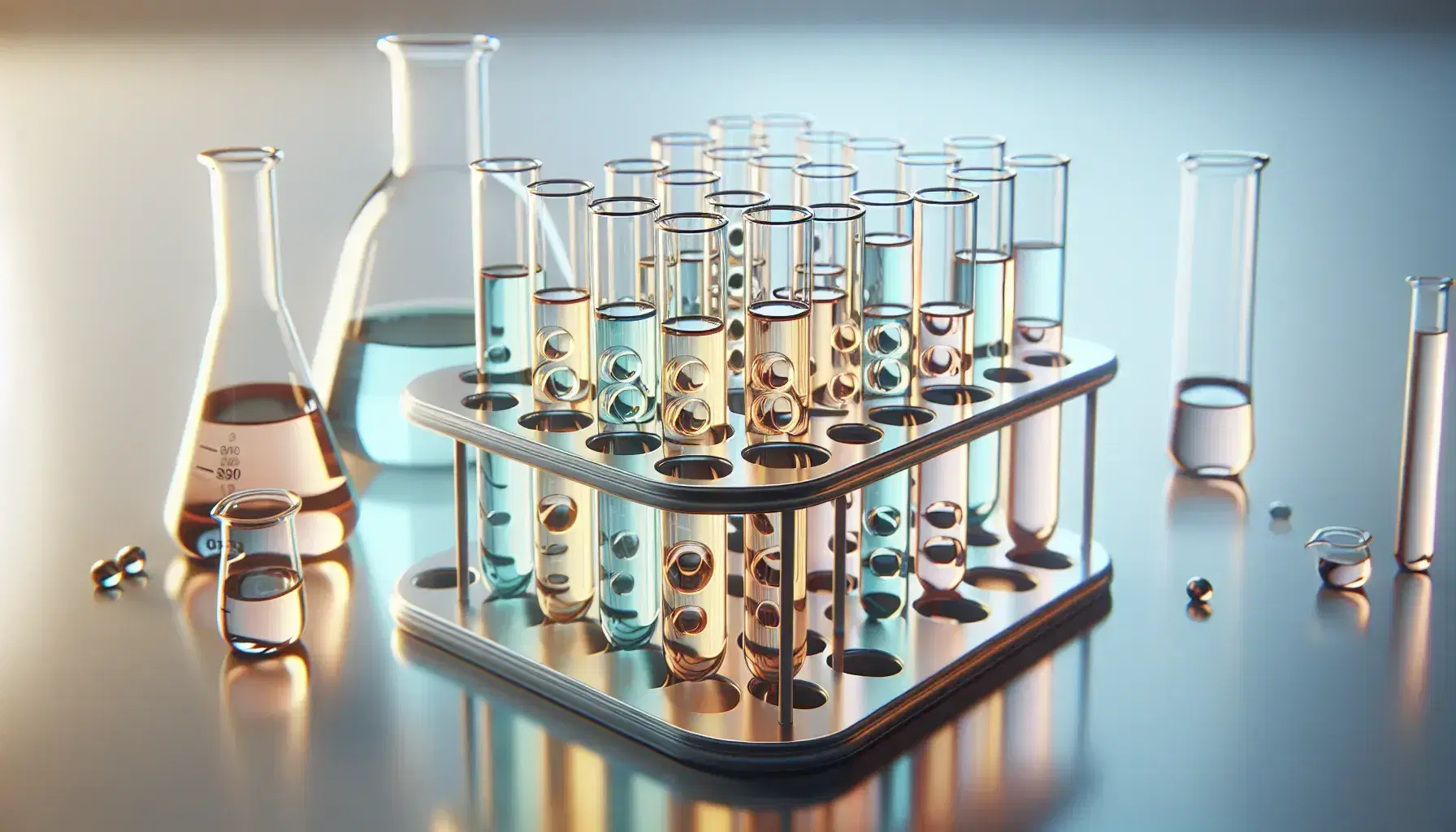 Conjunto de tubos de ensayo de vidrio con líquidos de colores variados en soporte metálico y matraz Erlenmeyer con solución burbujeante al lado.